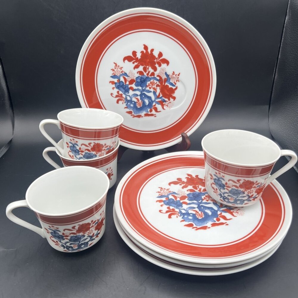 Vintage 1976 Seymour Mann Nara Porcelain Snack Plate + Cup Set of 4, Japan Imari